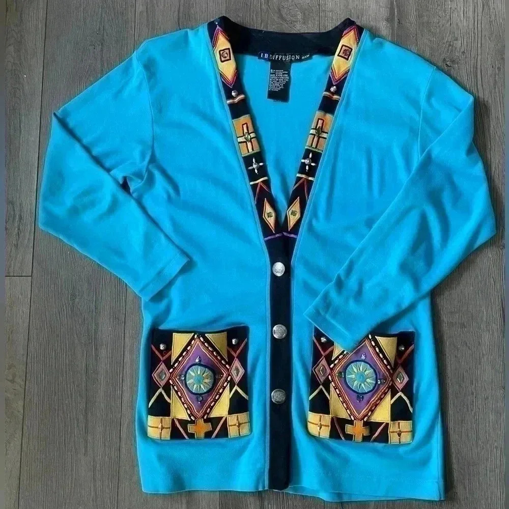 IB Diffusion Turquoise Blue Cotton WMN Cardigan with beadings and Jewels - SZ M